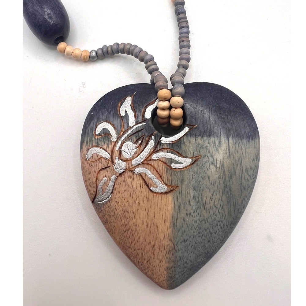 Boho Heart Pendant Necklace 32" Wood Beaded Long Statement